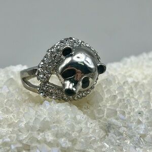 Silver Tone Pave CZ Panda Skull Ring -Statement Jewelry Edgy Fashion Accessory